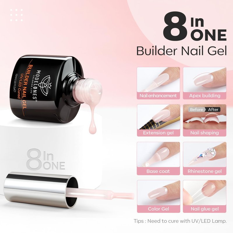modelones Base Coat Builder Nail Gel, 2 Pcs Clear and Cover Nude Builder Nail Polish, 8-in-One Apex Building Thickening Strengthener Extension Rubber Color for DIY Home Salon Gifts LED Lamp Cured 10ml