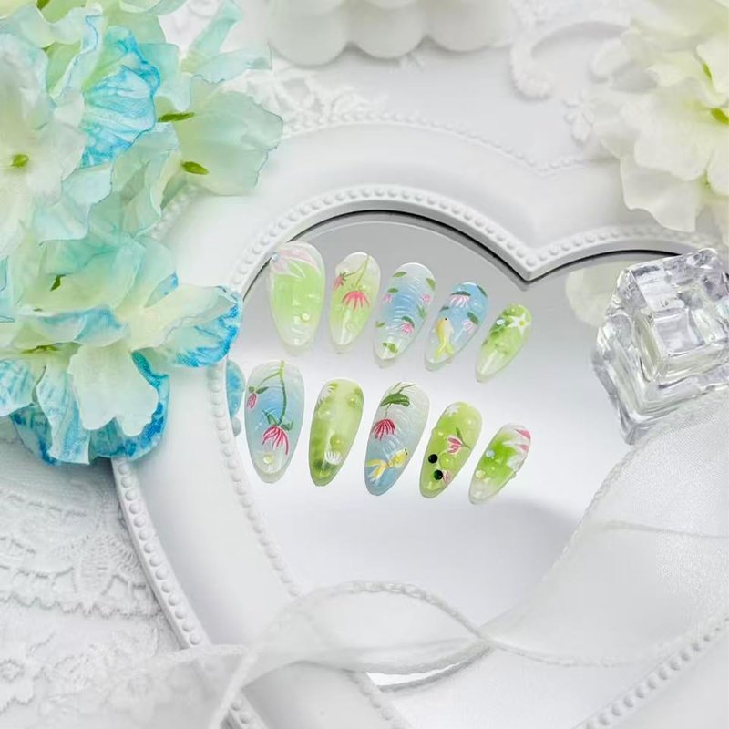 Handmade Almond Press on Nails - Koi Fish & Lotus Flower Design, Water Ripple Texture Blue Green Gradient Fake Nails with Rhinestones, Reusable Glossy False Nails for Women Spring Summer Nail 24Pcs