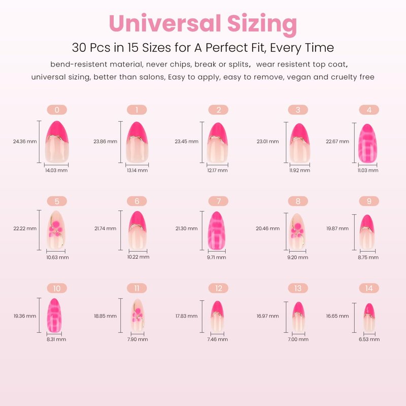 Nail Reformation Press On Nails, Peony Pop | 3D Floral Medium Almond Fake Nails with Pink French Tips on Nude Base in Glossy Finish, Reusable Stick On Nails in 15 Sizes - 30 Nail Kit for Women Gifts