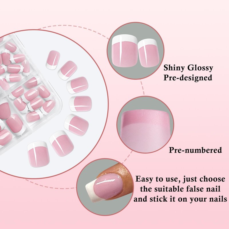 240pc White French Tips Press on Nails Square Fake Nails Kit, Extra Short Nails Press ons French Tip Acrylic Nails Pink Glue ons Nails Short Stick on Nails Women Artificial False Fingernail with Tabs