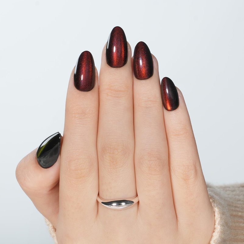 Red Cat Eye Press On Nails Almond - Short Almond Fake Nails with Nail Glue, Brown Red Cateye Press On Nails Reusable Stick On Nails in 16 Sizes 32 Nail Kit for Women & Girls | Salon Quality