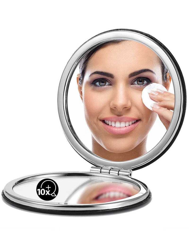 OMIRO 1X/10X Magnifying Compact Mirror - Ultra-Portable Round Black PU Leather for Travel & Purses