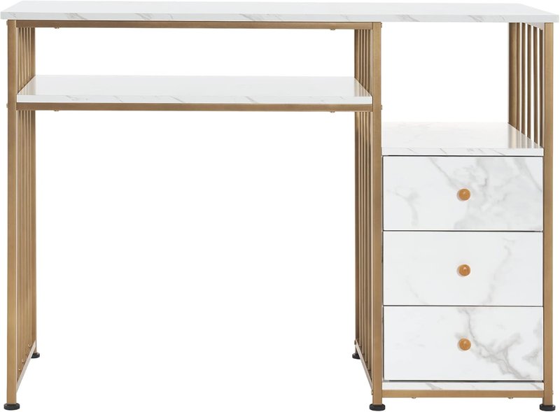 BarberPub Manicure Table - Elegant Golden & Marbling Nail Desk with Storage Drawers | Home Salon Spa Equipment