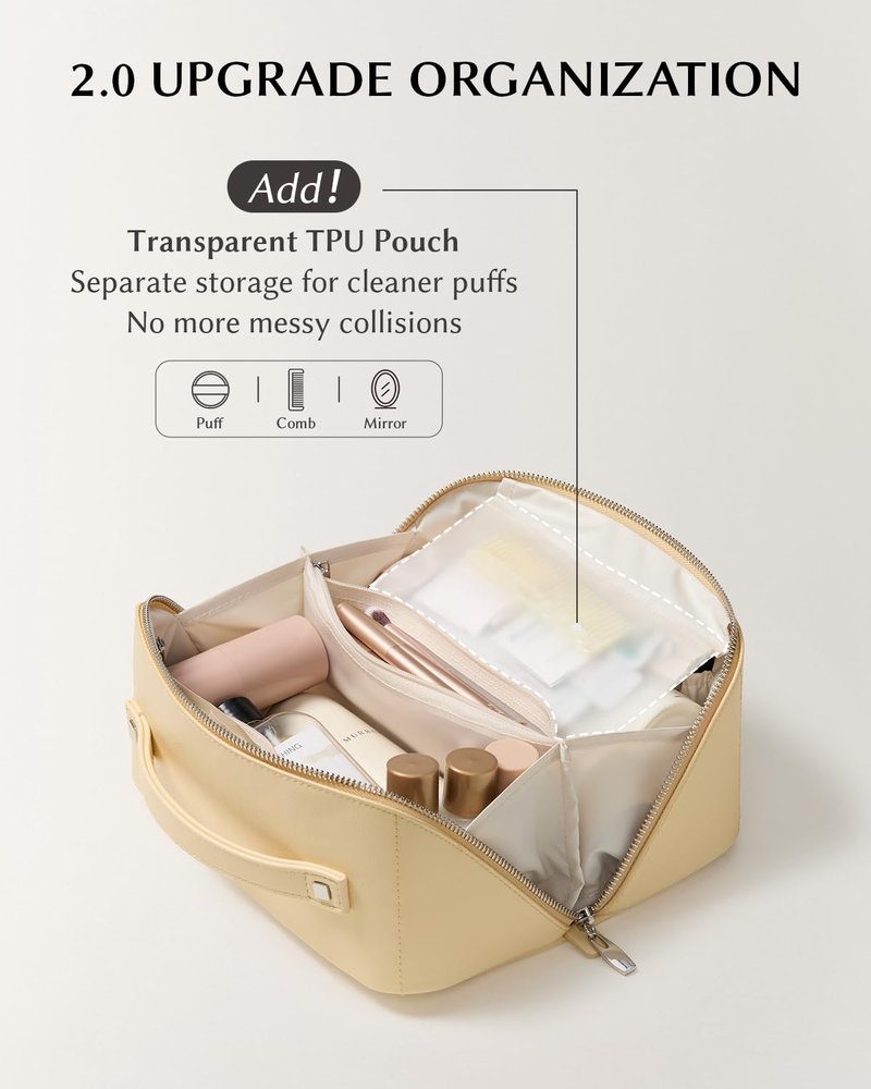 EACHY Travel Makeup Bag, 2.0 Cosmetic Bag for Women, Waterproof PU Leather,Flat Open Portable Toiletry Bag for Skincare, Brushes & Travel Essentials