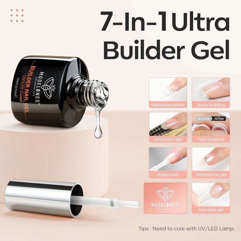 modelones Gel Polish Builder Nail, 2 Pcs Clear Builder Nail Polish, 8-in-One Rubber Color Hard Gel for Apex Building Thickening Extension DIY Home Salon Gifts LED Lamp Cured 10ml