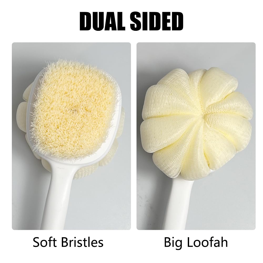 Shower Body Brush Soft Bristles and Loofah Long Handle Back Scrubber Bath Mesh Sponge Skin Exfoliating Men and Women (Green)