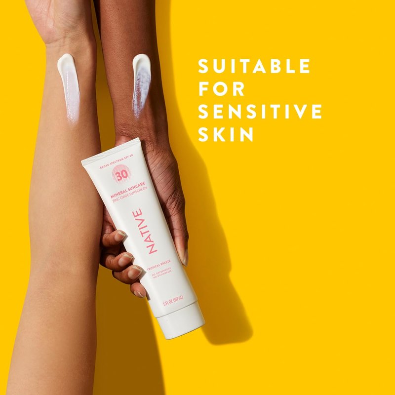 Native Sunscreen SPF 30, Zinc Oxide Dermatologist Tested Suitable for Sensitive Skin & Hawaii Compliant, 5 Ounces | Tropical Breeze Scent Sun Protection Lotion, Lightweight & Smooth