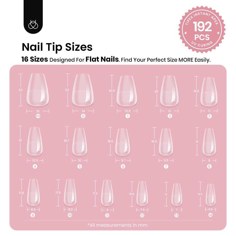 Beetles Tipex Instant Apex Nail Tips, Coffin Short, 16 Sizes (00–14), 192pcs, Built-In Apex, No Builder Gel Required, Thicker Strong Acrylic Tips for DIY Nail Extensions