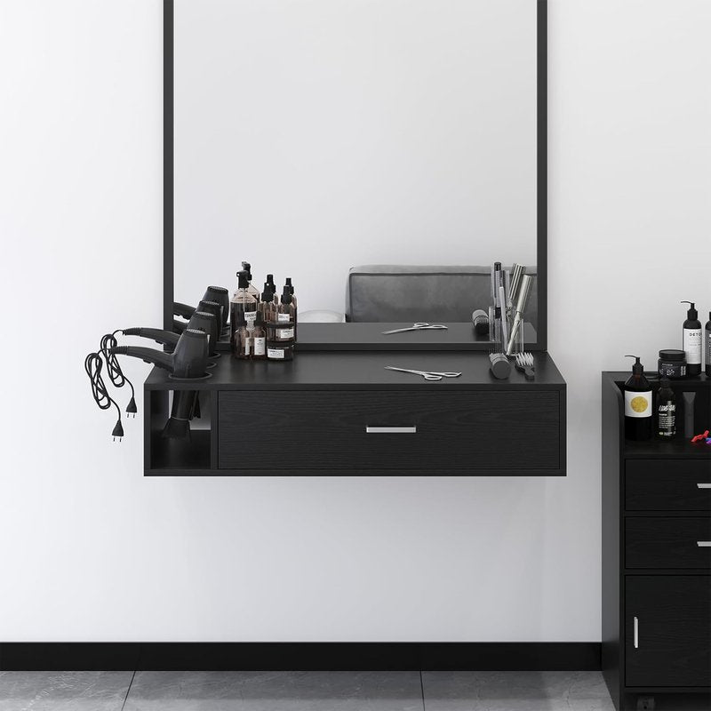 4ever2buy Wall Mount Salon Station, 36" Black Barber Station Organizer with Drawer and Shelves, Hair Salon Station with 3 Dryer Holders, Salon Station Wall Mount for Hair Stylist