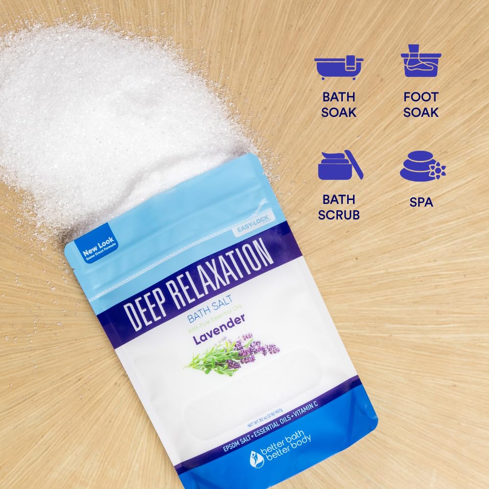 Deep Relaxation Bath Salt 128 Ounces Epsom Salt with Natural Lavender Essential Oil Plus Vitamin C in BPA Free Pouch
