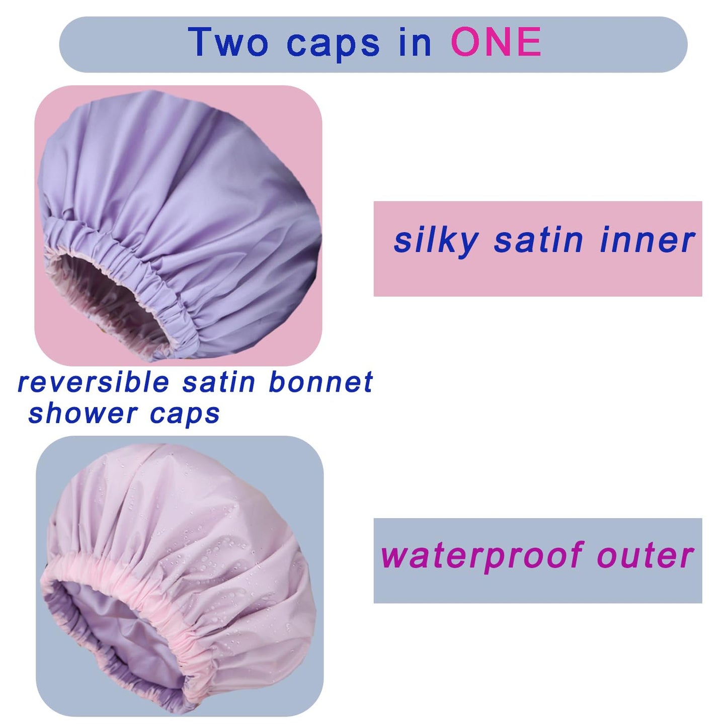 Genergy 2pcs Shower Cap for Women,Including Travel bag and Satin Scrunchy. Frizz-Free Silky Liner, Waterproof Reusable Large Bath Cap for Short and Long Thick Hair, Soft Adjustable Elastic, Non-slip.