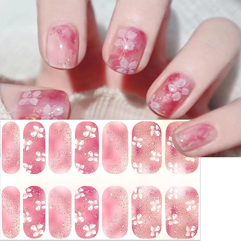 6 Sheets Spring Gel Nail Strips Stickers 3D Self-Adhesive Flower Nail Decals Pink Glitter Full Wrap Nail Stickers Cute Cherry Blossom Tulip Floral Nail Polish Strips DIY Manicure Supplies for Women
