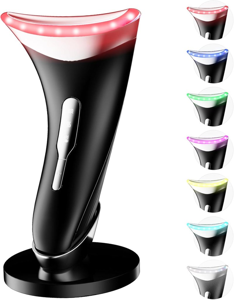 7 Color Light Therapy Facial Massager - Adjustable Vibration & Thermals for Wrinkles | Red Light Skin Care Tool, Black