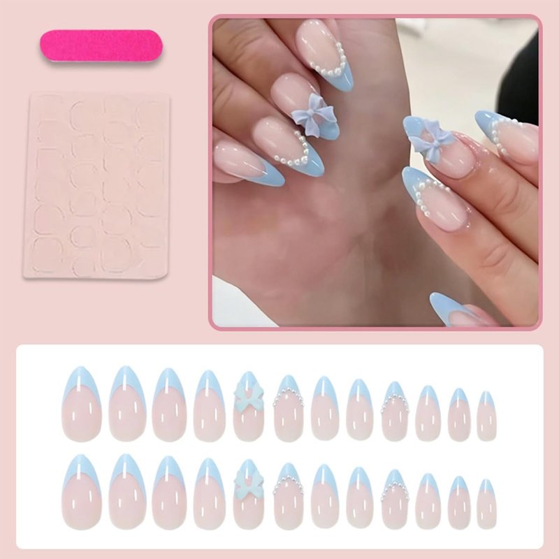Blue French Tip Press-On Nails - 24Pcs Medium Almond Acrylic with Pearl Glossy 3D Bow Designs for DIY Manicure