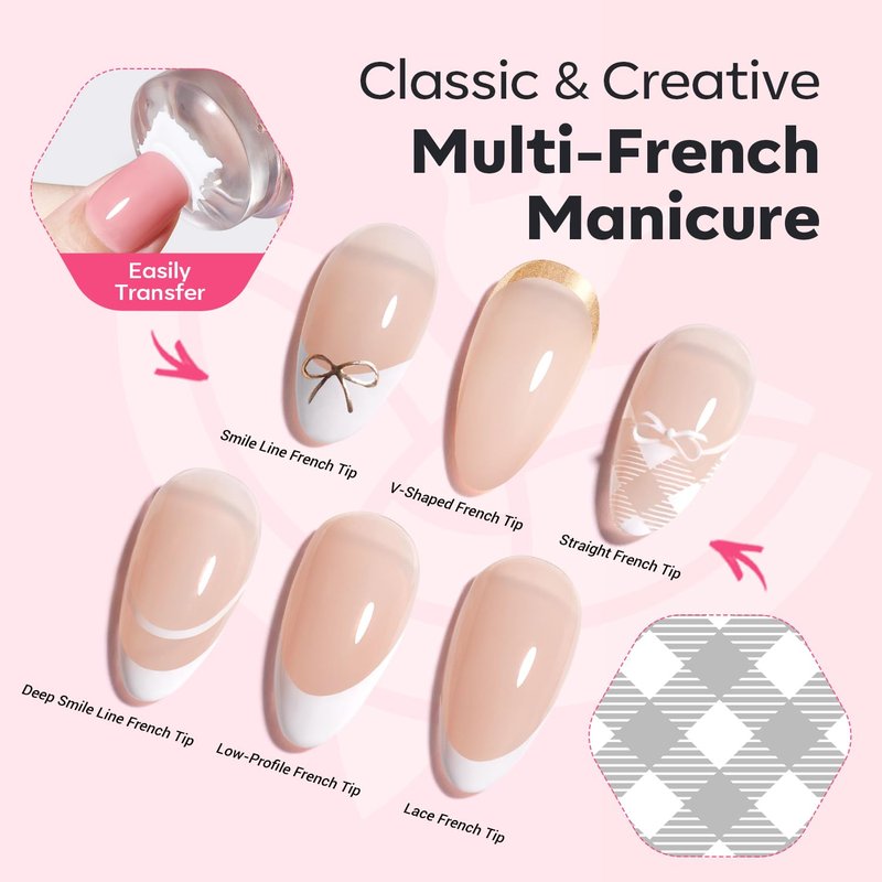 Modelones 16PCS Plaid Nail Stamping Kit – French Tip Stamper White Black Painting Gel Polish Chrome Powder Proof Matte Gel Top Coat Gingham Template Dual Nail Art Brush Summer Manicure Gift for Women
