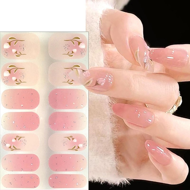 6 Sheets Spring Gel Nail Strips Stickers 3D Self-Adhesive Flower Nail Decals Pink Glitter Full Wrap Nail Stickers Cute Cherry Blossom Tulip Floral Nail Polish Strips DIY Manicure Supplies for Women