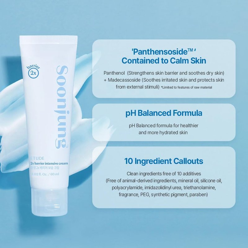 ETUDE SoonJung 2x Barrier Intensive Cream - Vegan Korean Face Moisturizer for Sensitive Skin | Lightweight Day & Night Cream (2.02 fl oz)
