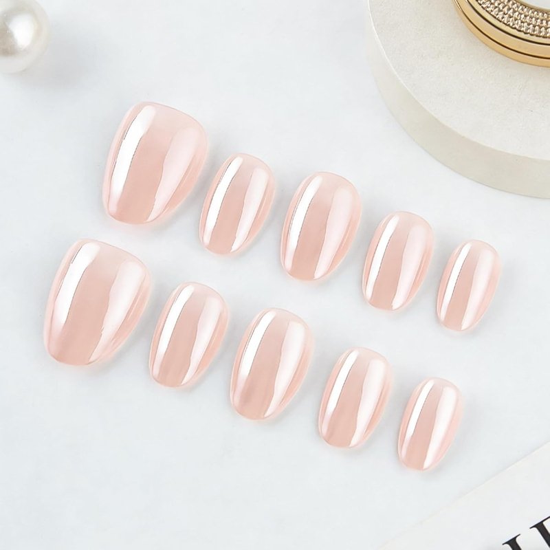 Nude Press on Nails Short Oval Nail Press ons with Natural Glossy Finish Full Cover Solid Color Stick on Nail for Women Manicure 32Pcs