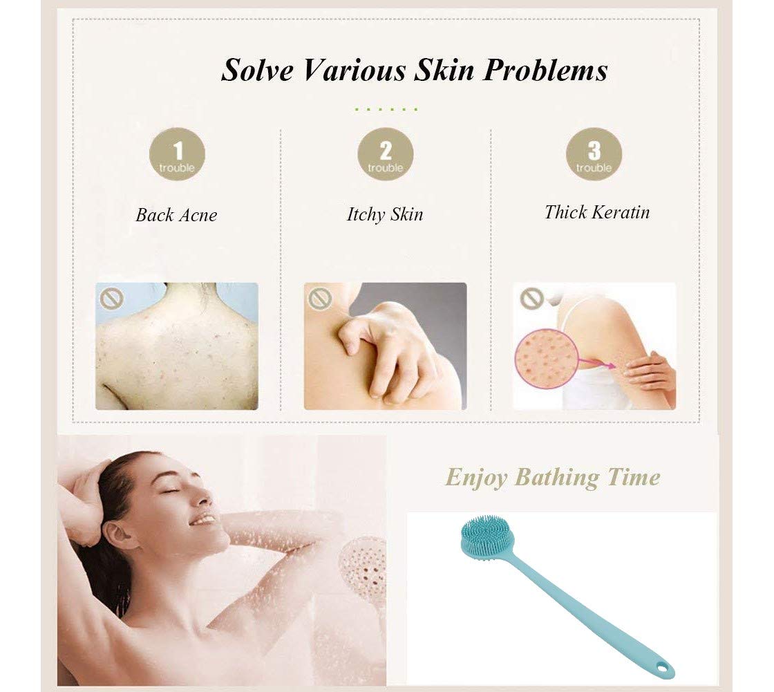 Long Handle Silicone Body Scrubber for Shower, Dual-Sided Back Scrubber Brush with Soft Bristles&Massage Nodes, Exfoliating Bath Brush for Hard to Reach Areas, Easy to Clean & Quick Dry, for Daily Use