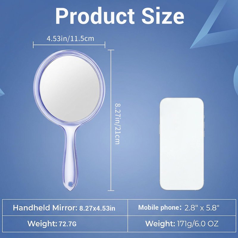 Bruislard Hand Held Mirror Double Sided with Handle, 1X/5X Magnifying Blue Mirror Hand-Mirror for Women 11.5x21cm