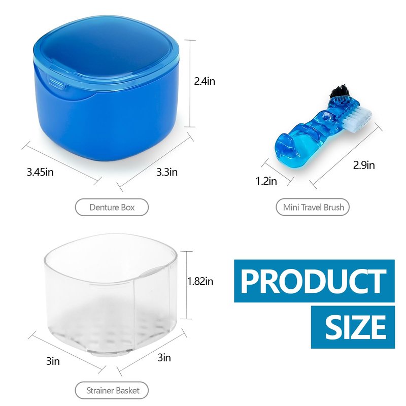EZEELAI Denture Cleaning Case Dental Retainer Container Soaking Cup with Brush, Denture Storage Bath Box Case Cup Mouthguard Storage Holder Travel - Leak Proof with Lid Waterproof - Blue