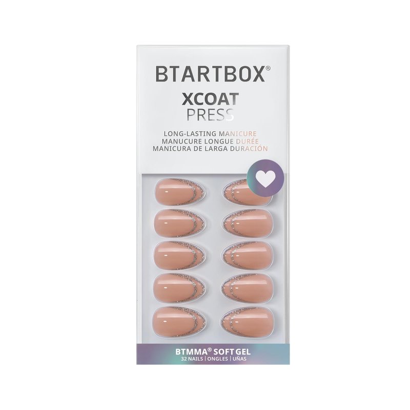 BTArtbox French Tip Press On Nails - Sliver Bells, Lamp-Curable Short Almond Press On Nails with Glue and Adhesive Tabs for Women in 16 Sizes - 32 Soft Gel Glue On Nails Kit