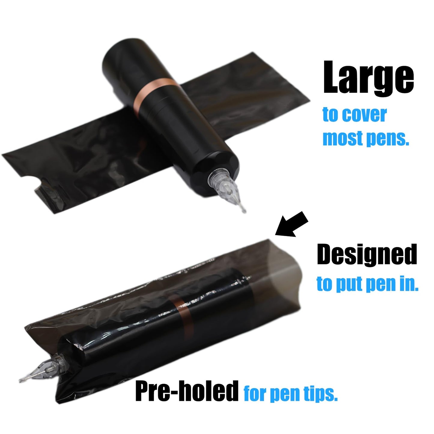 MIUXIA 204Pcs Tattoo Pen Covers & Grip Wrap - Black, 200 Covers & 4pcs Grip Tape, Tattoo Machine Parts