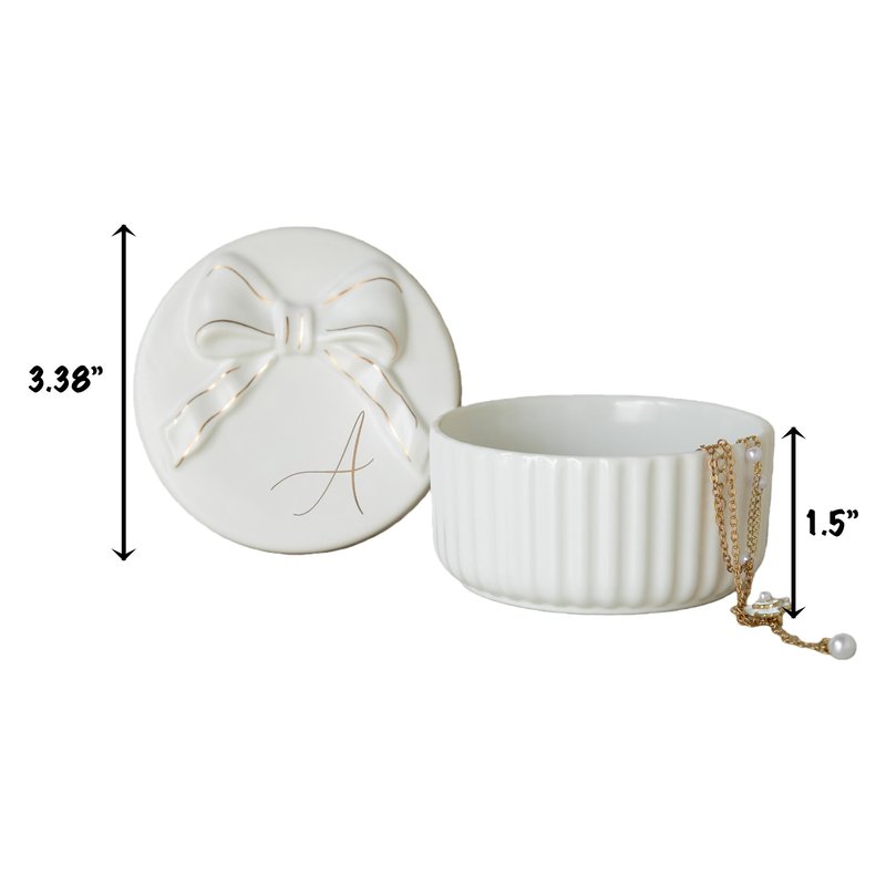 COLLECTIVE HOME Monogram Ceramic Jewelry Box with Bow - Small Trinket Dish, Elegant Wedding，Bridal Shower & Bridesmaid Gifts (M)