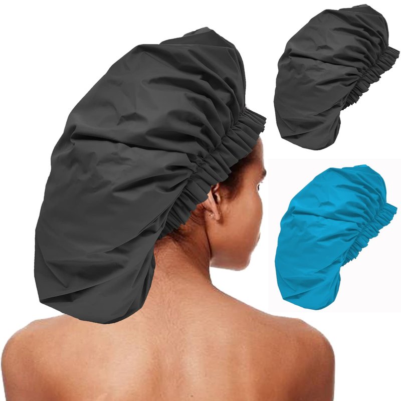 ELEBOX 2 Pack Premium Collection Super Jumbo Shower Cap Extra Large Shower Caps for Braids Shower Bonnets Women Waterproof Hair Caps for Spa Salon Shower Hat (X-Large, Black,Blue)