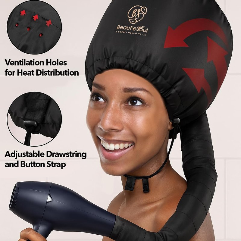 BEAUT'E SEOUL Bonnet Hair Dryer Attachment – Large Soft Hood for Deep Conditioning, Natural Curly Hair, Rollers & Braids, Fits Handheld Blow Dryers for Quick Drying