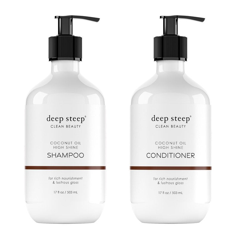 Deep Steep High Shine Coconut Oil Shampoo & Conditioner, 17 oz – Moisturizing Shampoo with Aloe Vera, Argan Oil, Rice Protein - Sulfate-Free, Vegan, Clean Beauty Hair Care, Soft & Glossy Hair