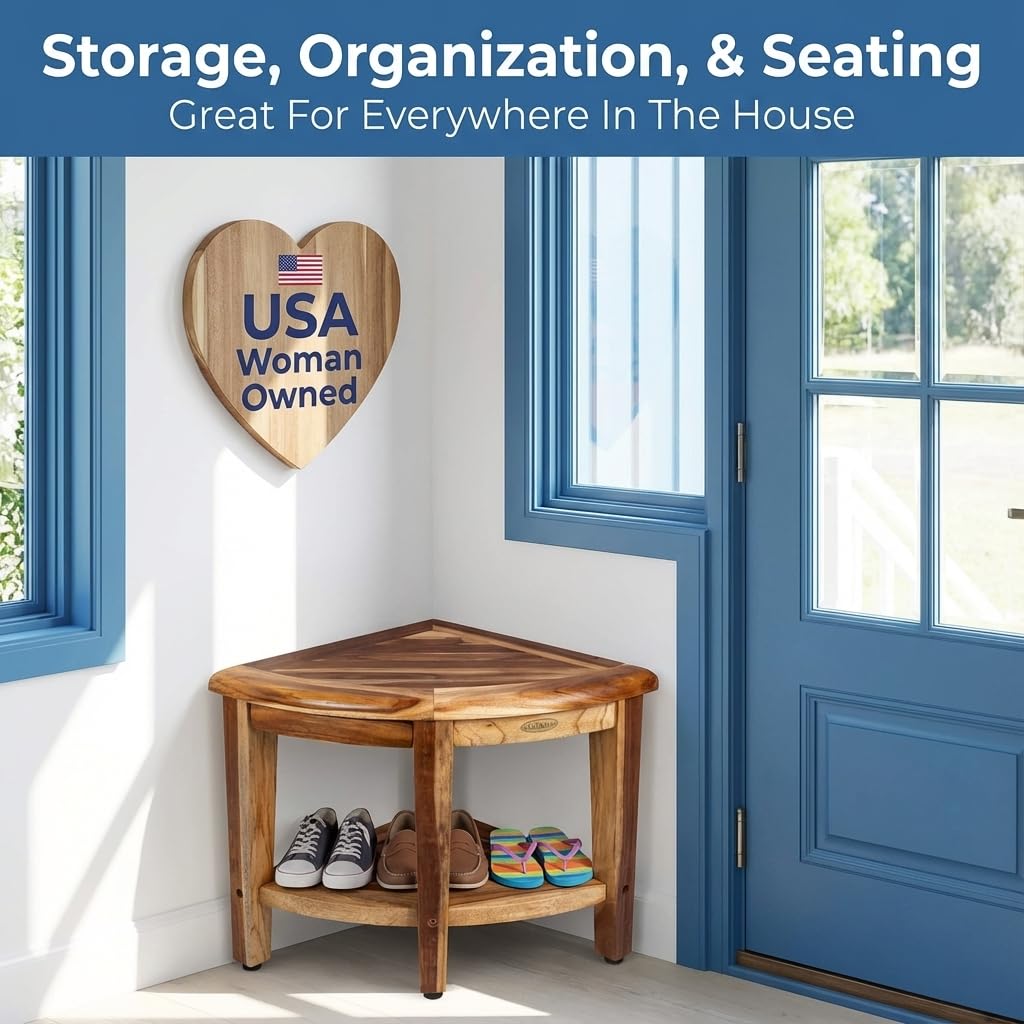 EcoDecors Corner Teak Shower Bench with Shelf – 16” x 18" Height- Teak Shower Stool with Shelf, Waterproof, 350lb Capacity Non-Slip | for Inside Shower | Tool-Free Assembly | Aging in Place