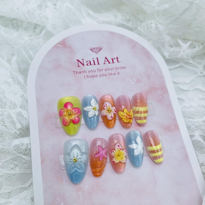 30Pcs Colorful Flower Press on Nails Short Almond Fake Nails with Gold Bead Starfish Designs Glossy Full Cover False Nail 3D Water Ripple Acrylic Nail Spring Summer Stick on Nails for Women Daily Wear