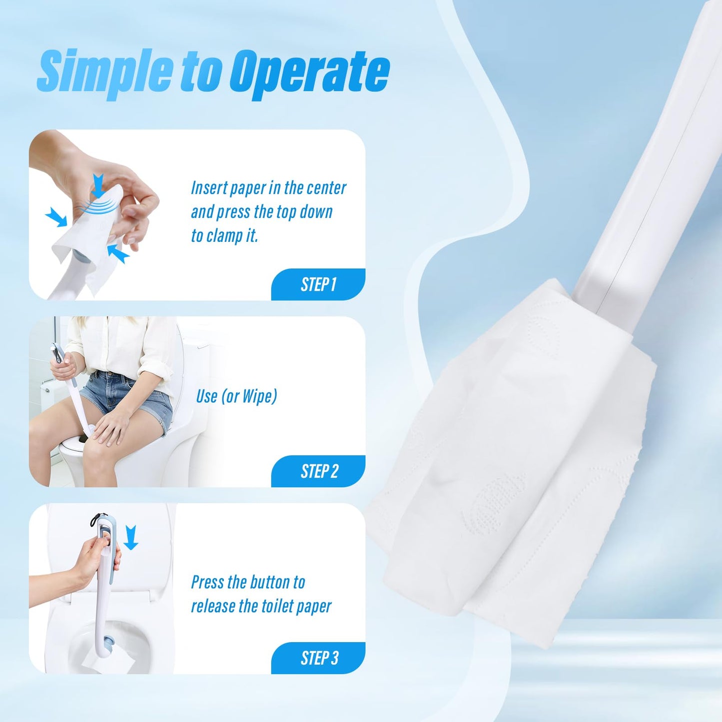 Innovation Toilet Aids for Wiping Bottom, 16.5" Firmly Clamp Bottom Buddy Wiping Aid, Butt Wiper Tool with Replaceable Head for Women, Men, Elderly, Pregnant, Disabled and Surgery Recovery