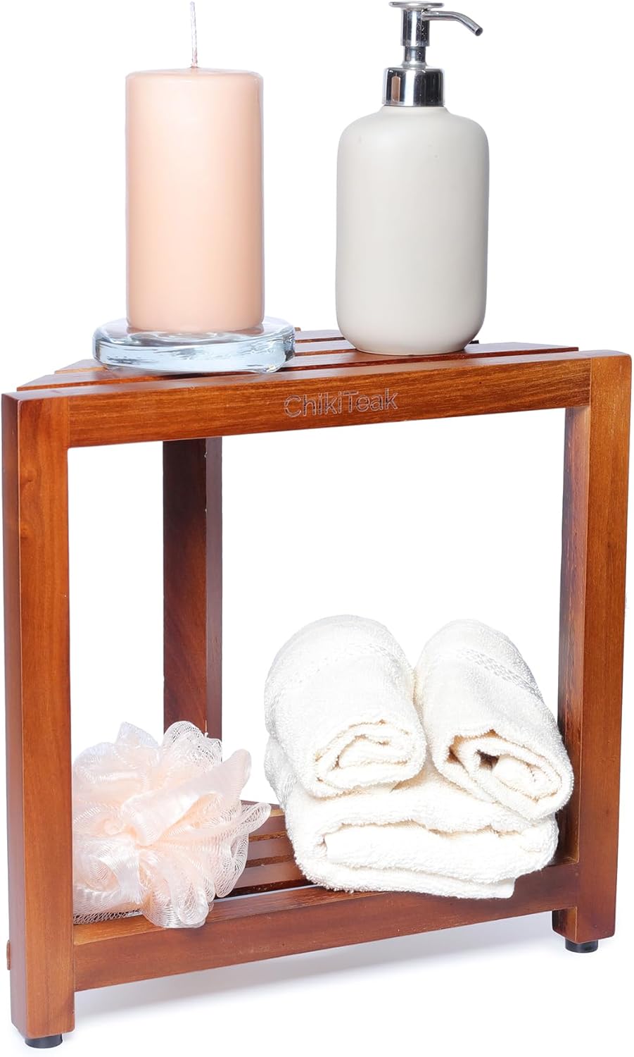 Teak Corner Shower Stool - Waterproof & Stable Shower Bench with Storage Shelf | 12” Height