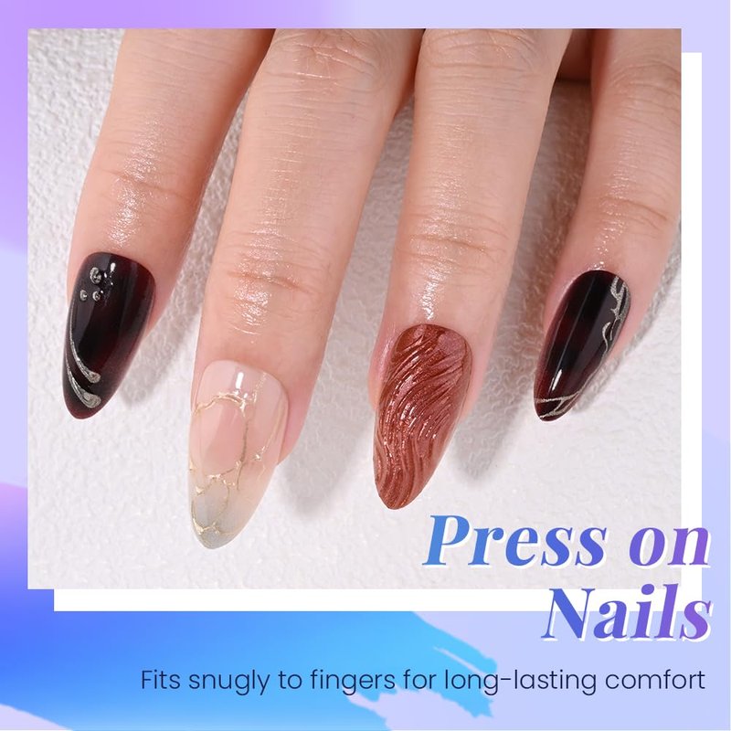 Skiennix 3D Butterfly Wings Press-On Nails - Blue & Brown Almond Shape | Reusable Acrylic with Adhesive Tabs