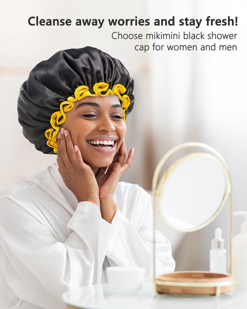 mikimini Black Small Shower Cap for Child 1 Pack, Double Layers Waterproof Bathing Hair Cap with Reusable Soft Comfortable PEVA Lining, Cute, non-fading & Stretchy Shower Hat