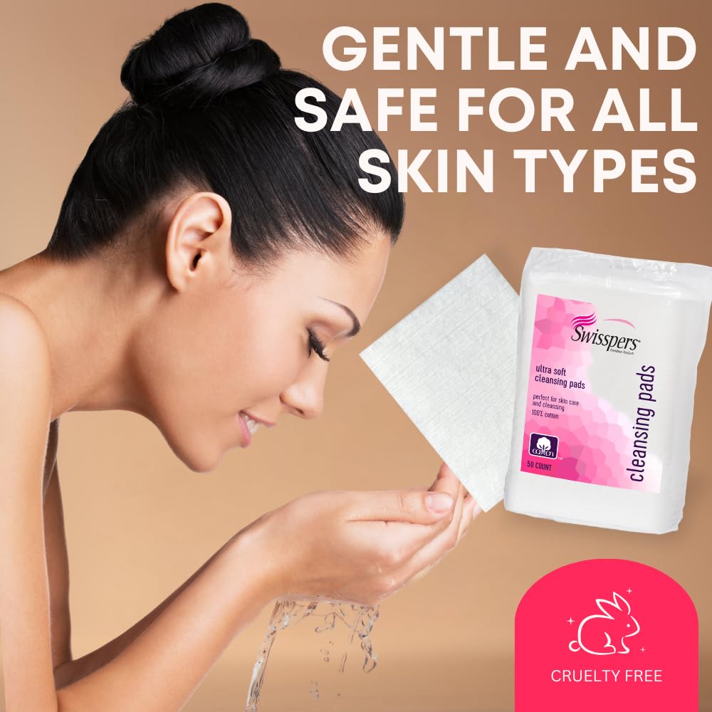 Swisspers Premium Facial Cleansing Pad, 100% Cotton, Ultra Soft, Extra Large, 50 White Pads per Reclosable Bag, 6 Bags (300 Pads Total)