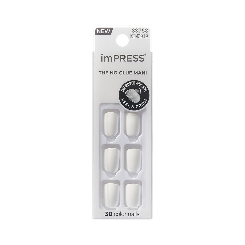 Kiss Impress No Glue Mani Press On Nails, Color, 'Frosting', White, Short Size, Squoval Shape, Includes 30 Nails, Prep Pad, Instructions Sheet, 1 Manicure Stick, 1 Mini File