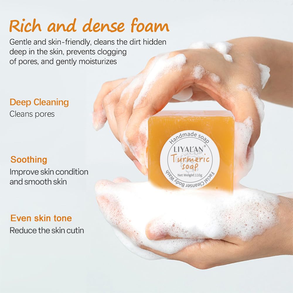 LIYALAN Turmeric Soap Bar 3.88 oz each Bar for Face and Body evens out skin tone,Smooth Skin,Cleansing Handmade Soap contains 3 bars with a fresh ginger and lemongrass scent