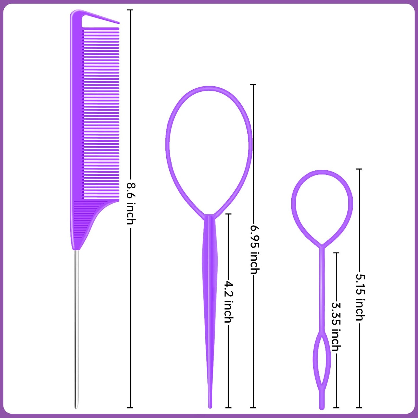 Topsy Tail Hair Styling Tools Set for Versatile Hairstyling - 4 Rat Combs, 4 Loop Turvy Tool