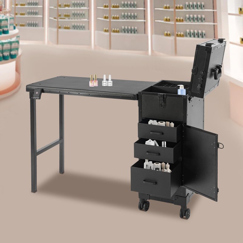 FuoiDuu Rolling Manicure Table with 3 Drawers, Portable Makeup Train Case with Foldable Desk, Lockable Nail Desk with Lightening HD Glass Mirror for Hairdressers, Beauticians (Black)