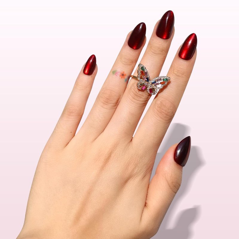 Burgundy Red Press On Nails - Short Almond Cat Eye Velvet Finish | 32 Pcs, Reusable Stick-On Nail Kit for Women