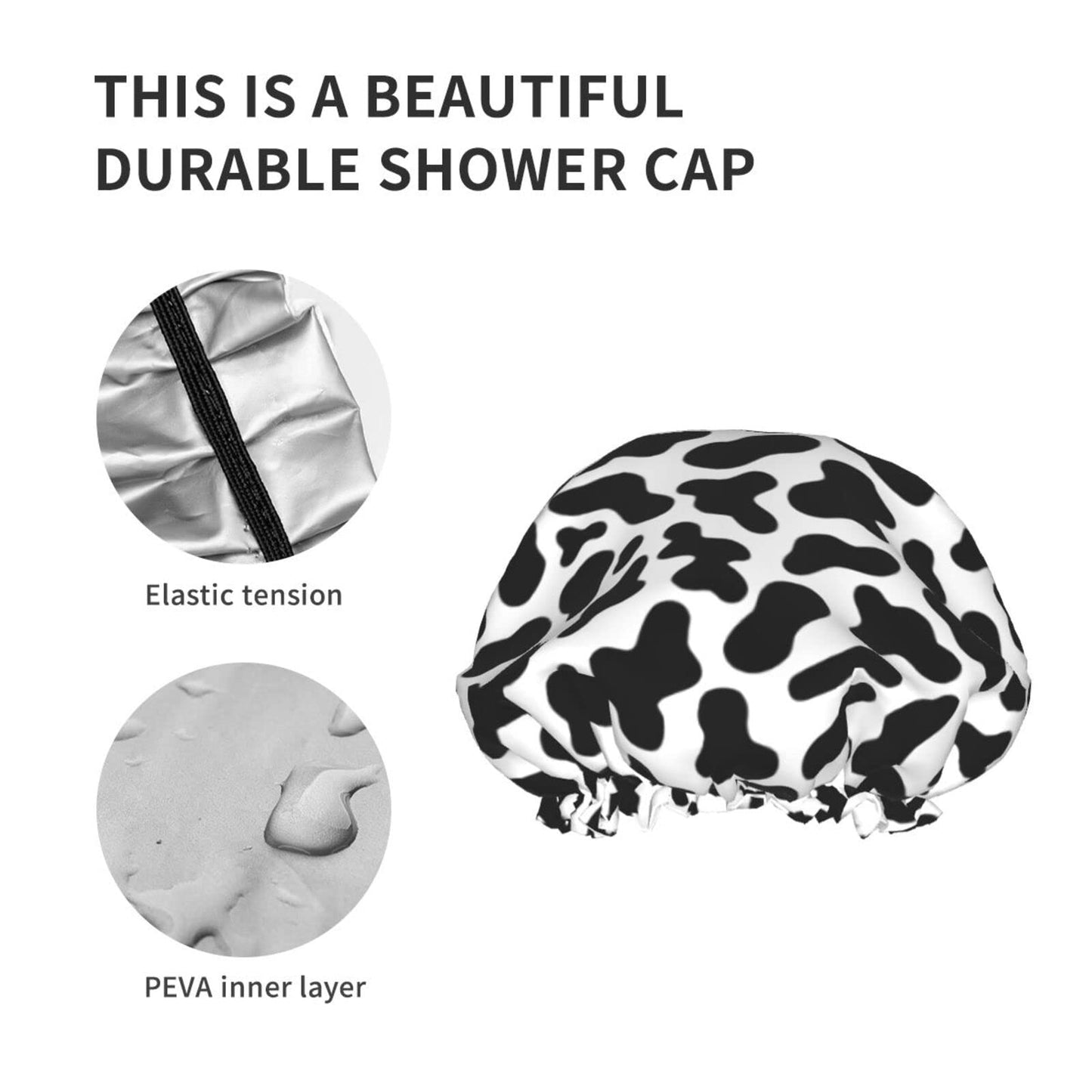 Black And White Cow Skin Abstract Animal Farm Shower Cap For Women Adjustable Double Waterproof Layers Bathing Bath Cap Hair Protection Reusable Ladies Spa Salon Shower Hat