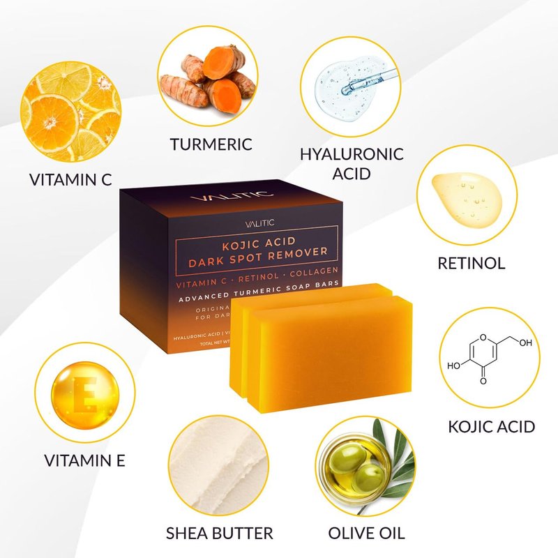 Kojic Acid Dark Spot Remover Soap Bars - Vitamin C & Retinol | Hyaluronic Acid, 2 Pack with Soap Holder