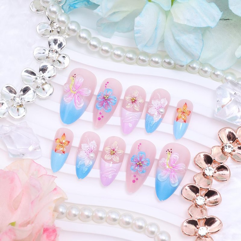 3D Flower Press-On Nails - Medium Almond French Tip with Rhinestones | Tropical Floral Pink Blue Gradient, Reusable Full Cover for Women