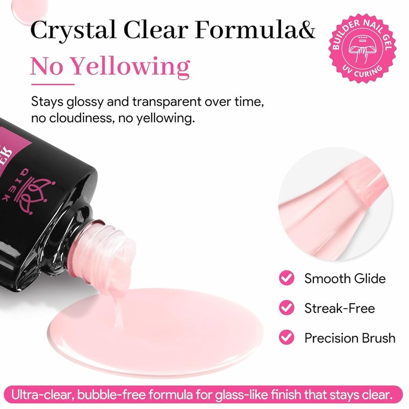 QIEK Gel Nail Polish Builder, 8-in-One Builder Pink Nail Polish Strengthener Glue Apex Enhancement Extension Hard Building Nude Gel LED Lamp Cured Rubber Base Coat for DIY Beginner & Salon Manicure