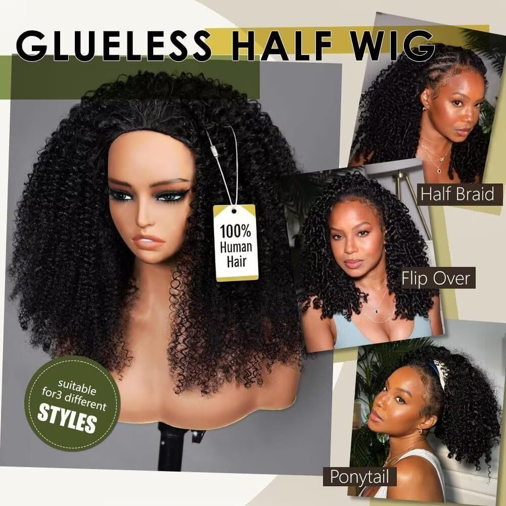 XNAIRA Half Wig Human Hair 3 In 1 Seamless Flip Over Half Wigs With Drawstring Half Wigs for Women Human Hair Glueless Wear and Go Half Up Half Down Headband Wig Human Hair(18 Inch,Natural Black)