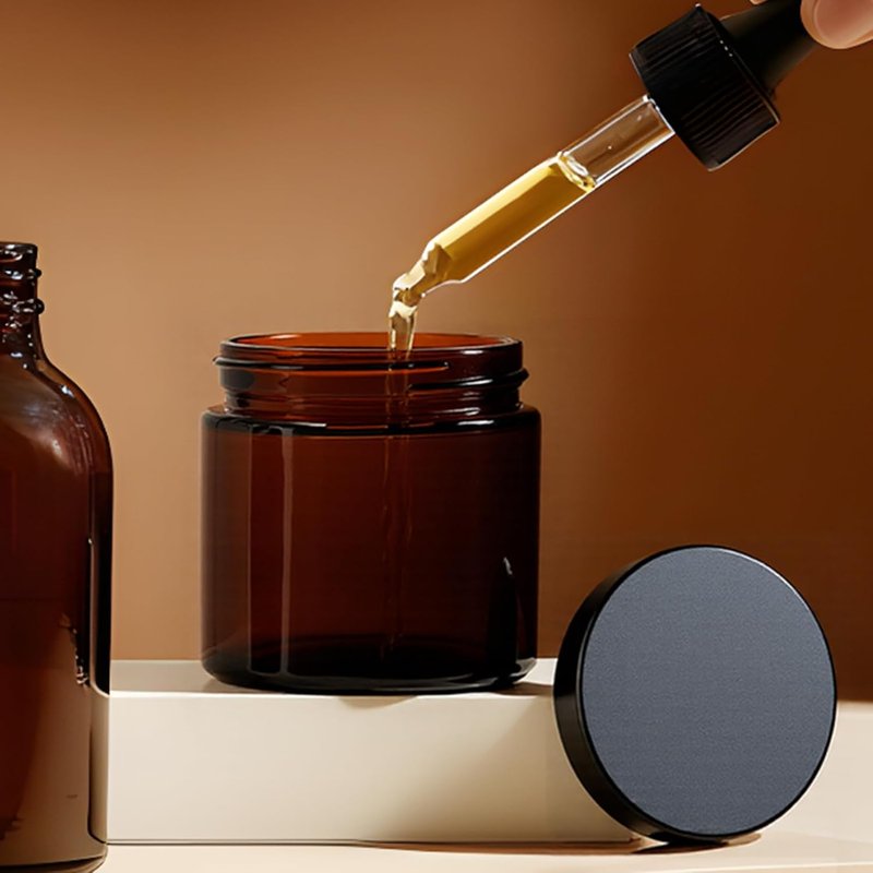 11 Hoa Kinh Amber Glass Jars - 2oz Round Airtight Cosmetic Containers with Black Lids | 40 Pack