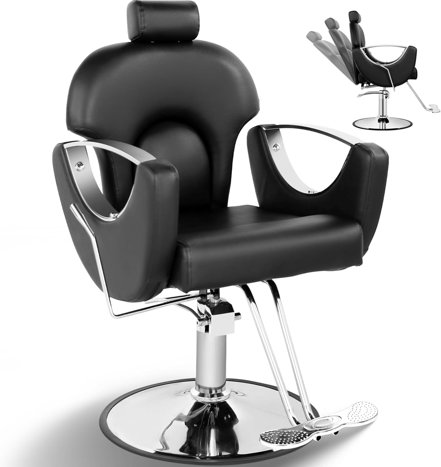 Skiennix Reclining Salon Chair - Heavy Duty Barber Chair with Adjustable Headrest | 360° Swivel, Black Silver, 440Lbs Capacity